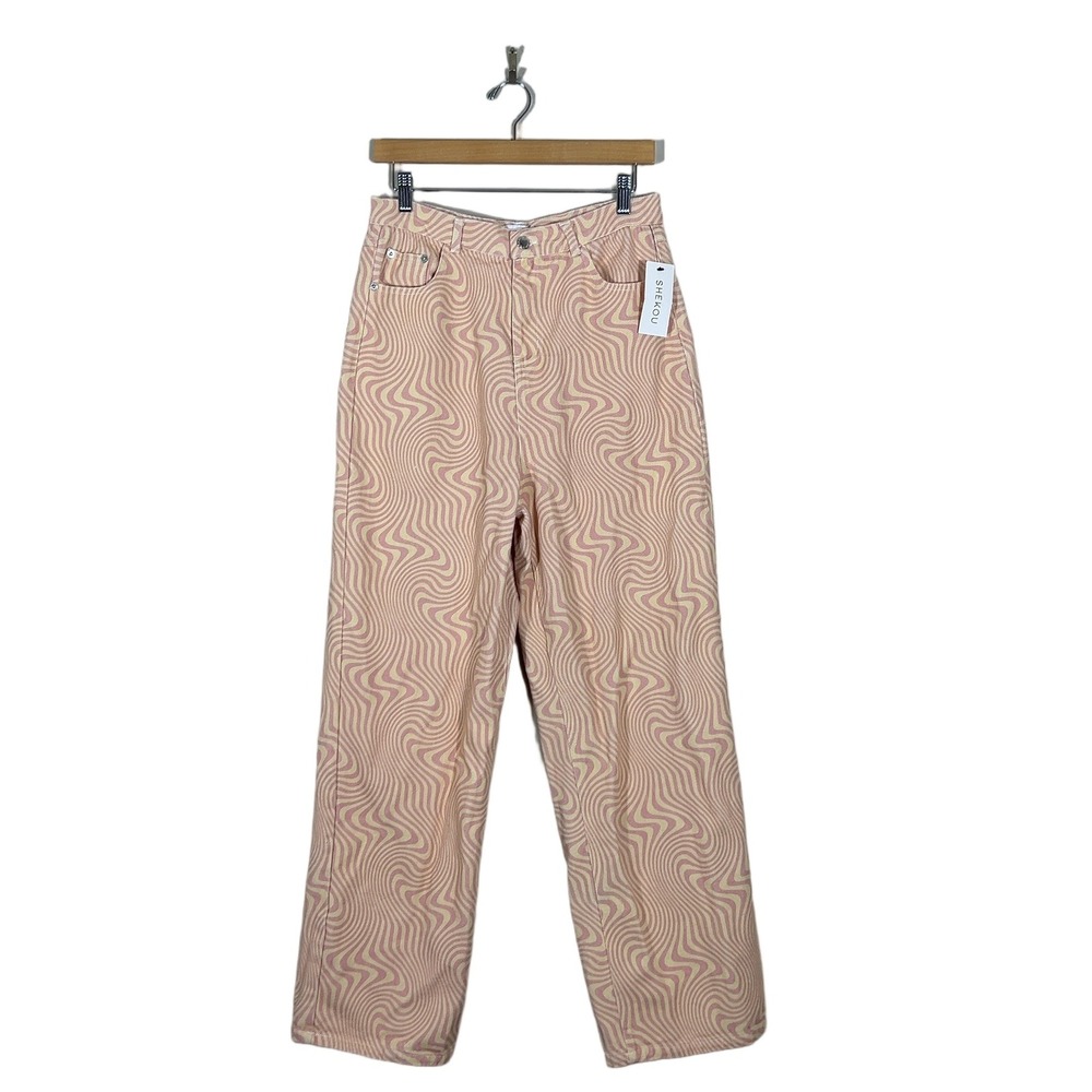 NWT Shekou Swirl Psychedelic Print Linen Pants Pink Retro High Waist Size XL